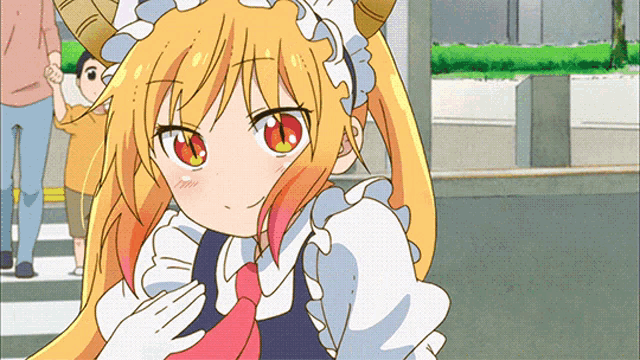 a girl with long blonde hair and red eyes is wearing a maid outfit and a red tie