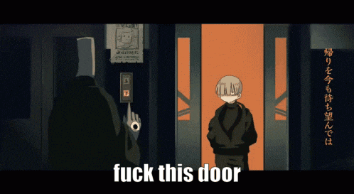 a cartoon drawing of a boy walking through a door with the words fuck this door below him