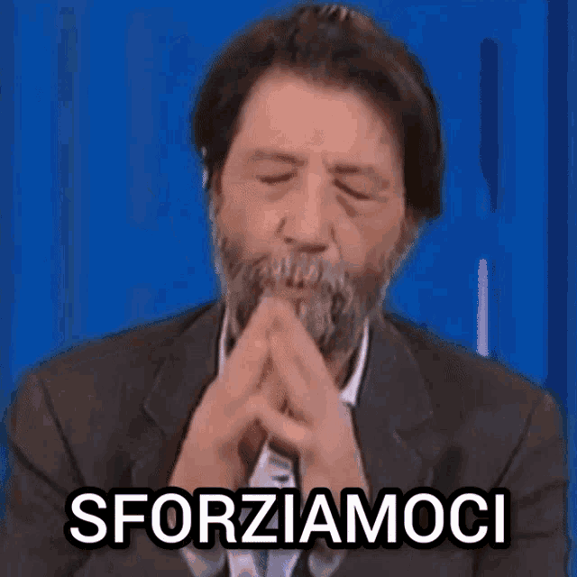 a man with a beard is making a funny face and the words sforzamoci are on the bottom
