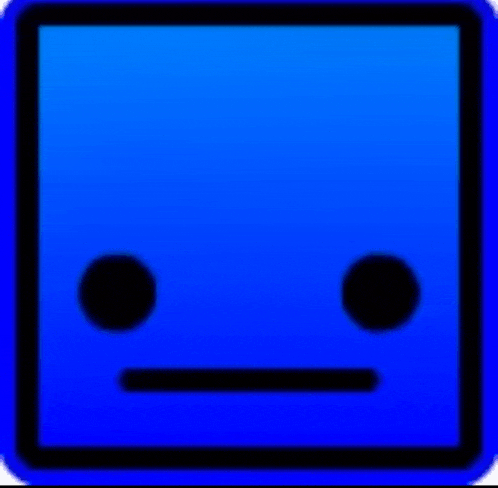 a blue square with two black circles on it looks like a cartoon face .
