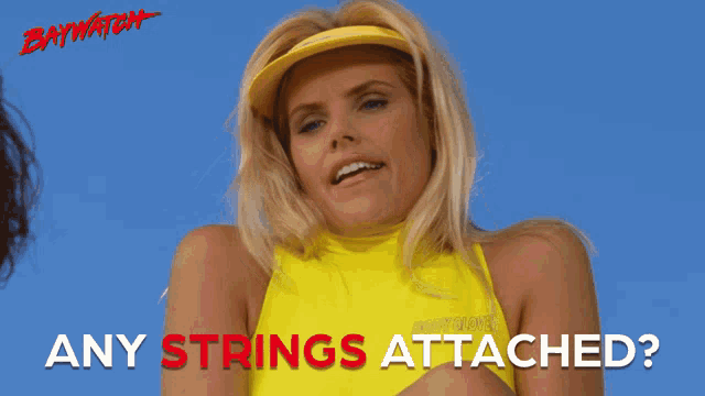 a poster for baywatch with a woman wearing a yellow top and a yellow visor