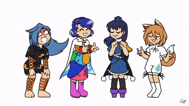 four cartoon characters are standing next to each other and one of them has a fox 's ear