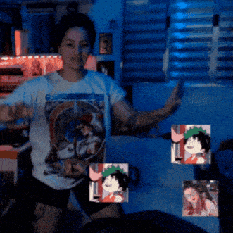 a woman wearing a star wars shirt is dancing in a room