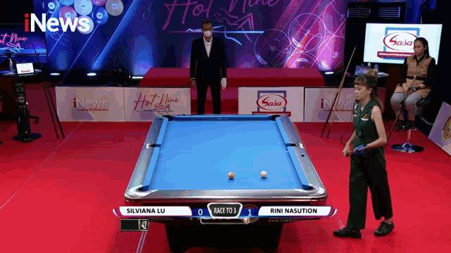 a pool table with silviana lu and rini nasution on the scoreboard