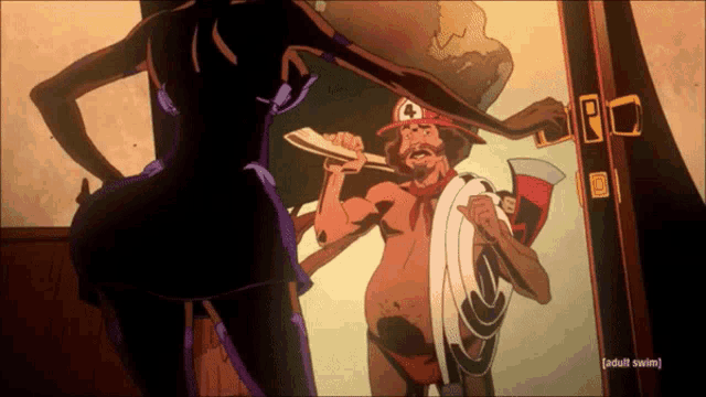 a cartoon of a man holding an axe and a woman standing next to him with the words adult swim visible