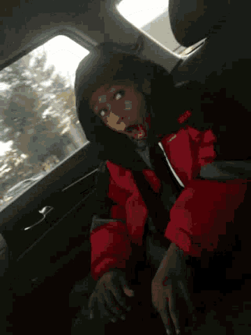 a person in a red jacket is sitting in a car seat