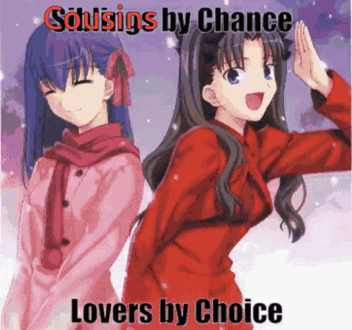 two anime girls are standing next to each other with the words " sousigns by chance lovers by choice " below them