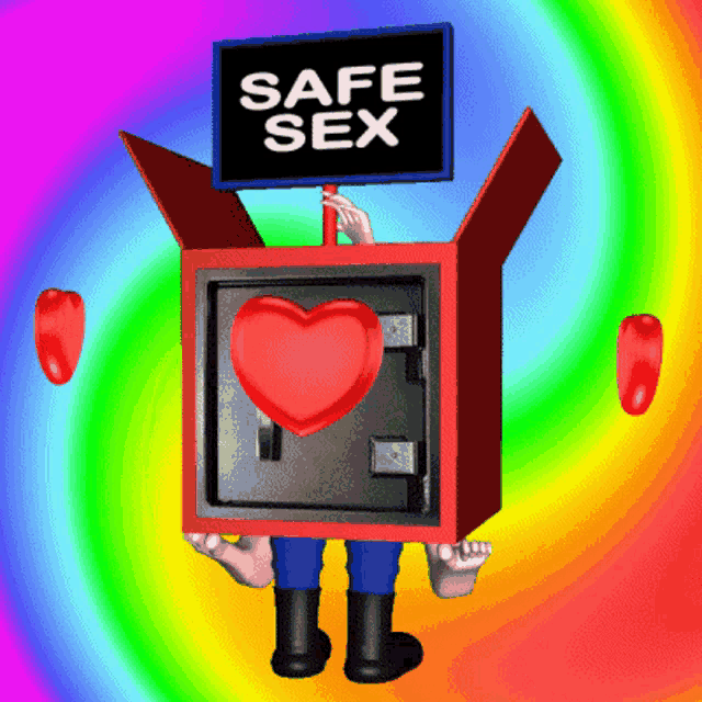 a safe with a heart inside and a sign that says safe sex above it