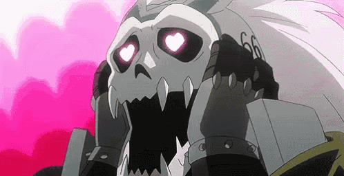a cartoon character with a skull head and hearts in his eyes is holding his hands to his face .