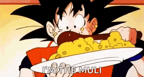 a cartoon character is eating a plate of food and says i 'm the mull