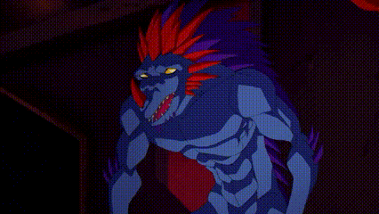 a cartoon character with a red and purple haircut is standing next to a red monster .