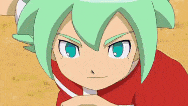 a cartoon character with green hair and blue eyes is smiling