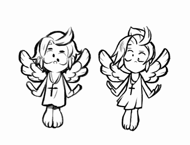a black and white drawing of two angels with wings and a cross on their necks .