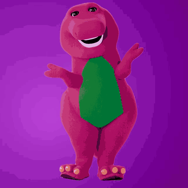 a purple dinosaur with a green tail and yellow toes is standing on a purple background