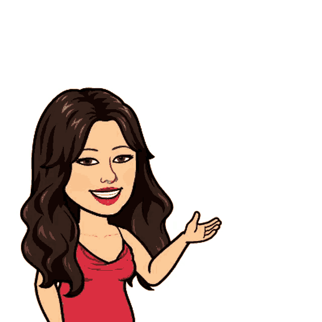 a cartoon woman in a red top is pointing at a green check mark