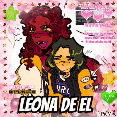 a cartoon of a girl and a boy with the name leona de el on the bottom