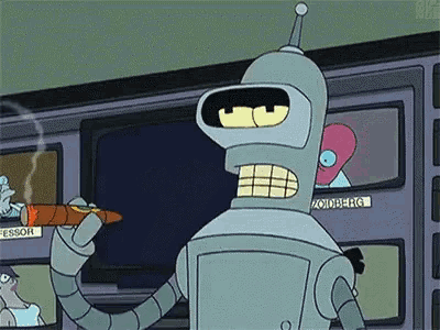 bender from futurama smoking a cigar in front of a television