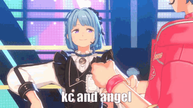 a girl with blue hair is standing next to a man and the words kc and angel are on the bottom
