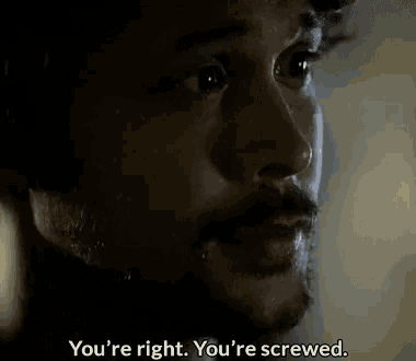 a close up of a man 's face with the words `` you 're right , you 're screwed '' .