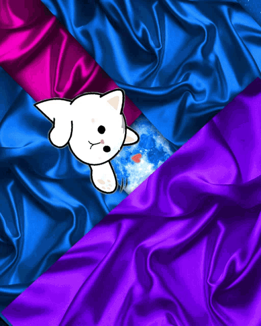 a blue and purple cloth with two white cats on top