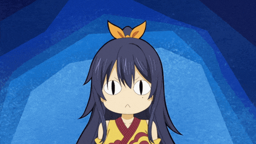 a cartoon girl with purple hair and white eyes