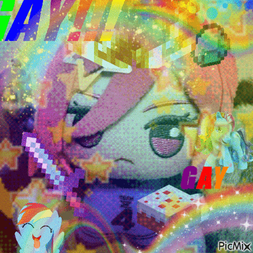 a picture of a girl with a sword and the word gay on the bottom right