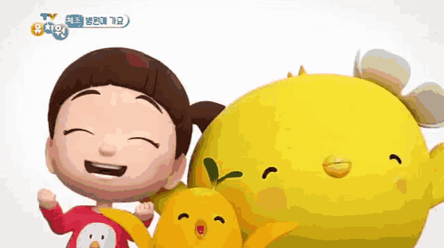 a girl is standing next to a yellow stuffed animal with a tv logo in the background