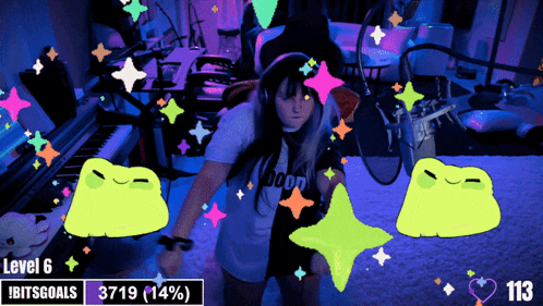 a girl in a room with a level 6 ibits goal of 3714