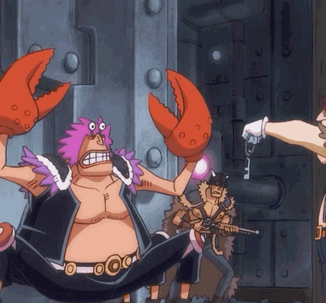 a cartoon of a man holding a gun and a crab