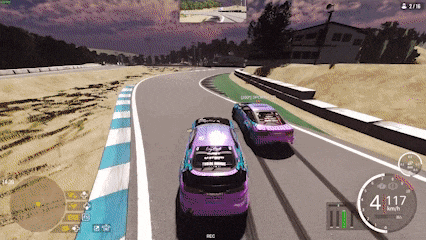 two cars are racing on a track with a speedometer that reads 41117