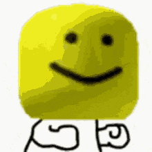 a yellow cube with a smiley face on it is standing next to a drawing of a hand .