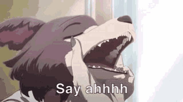 a cartoon dog is yawning with its mouth open and saying `` say ahhh '' .