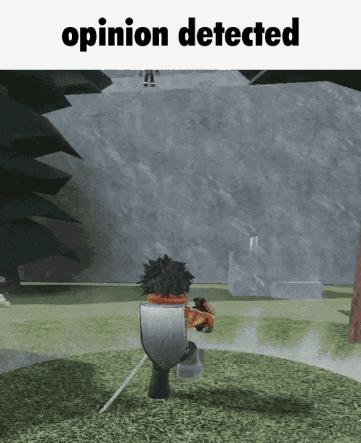 a video game character with a sword and the words opinion detected