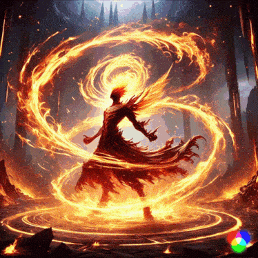 a painting of a man surrounded by flames with a rainbow in the background