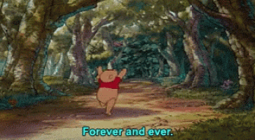 a cartoon of winnie the pooh running through a forest with the words forever and ever below him