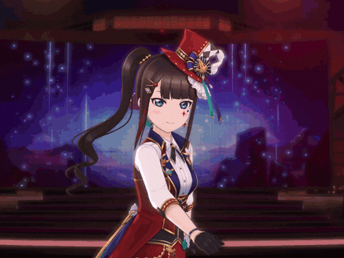 a girl with a top hat and a ponytail