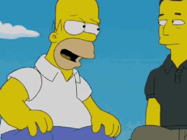 a cartoon of homer simpson talking to a man