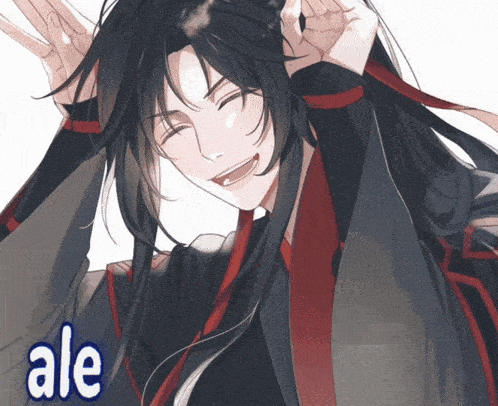 a drawing of a man with long black hair and the word ale below him