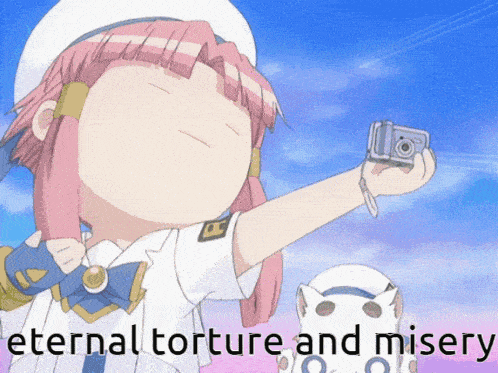 a picture of a girl holding a camera with the words eternal torture and misery above her