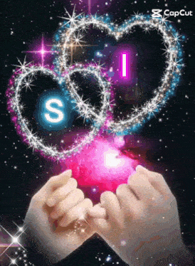 a couple of hands holding a pink heart with the letter s and i on it