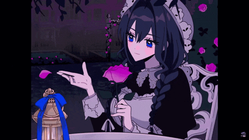 a girl in a maid outfit is holding a purple rose in her hand