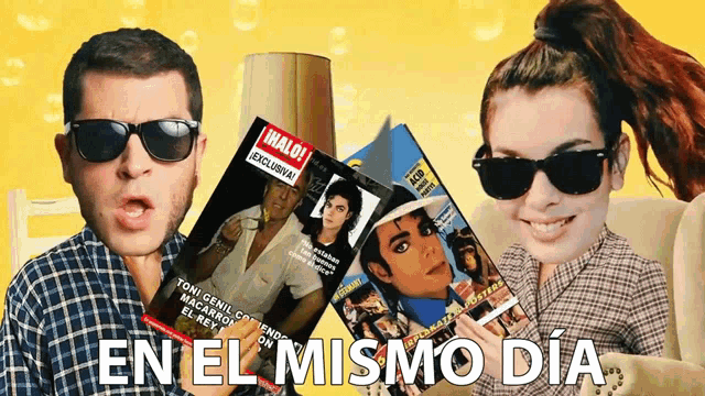 a man and a woman wearing sunglasses are holding a magazine that says en el mismo dia on it