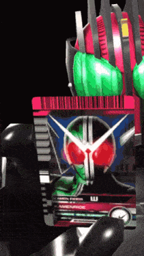 a video game character holding a card that says kamenride on it