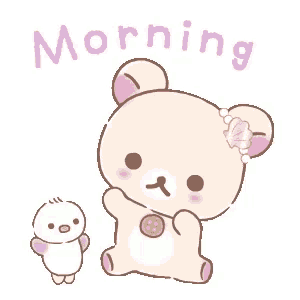 a pink teddy bear is sitting next to a white penguin and the words morning are written on the bottom .