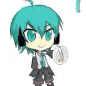 a cartoon character with blue hair and headphones is holding a clock in his hand .