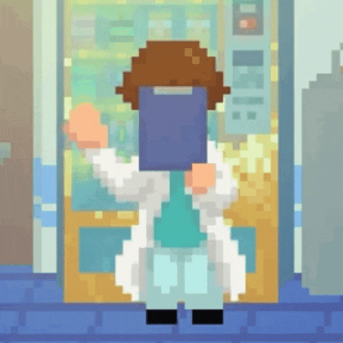 a pixel art illustration of a man holding a clipboard in front of his face