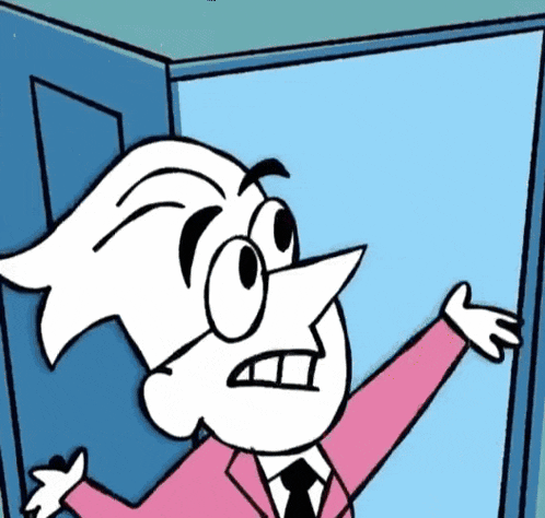 a cartoon of a man in a pink suit and tie standing in front of an open door