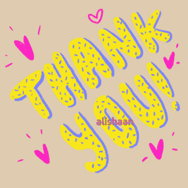 a drawing of the words thank you with pink hearts around it