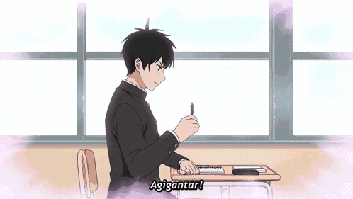 a boy sitting at a desk with the word agigantar written on the bottom