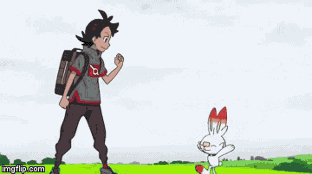 a boy with a backpack is standing next to a rabbit in the air .